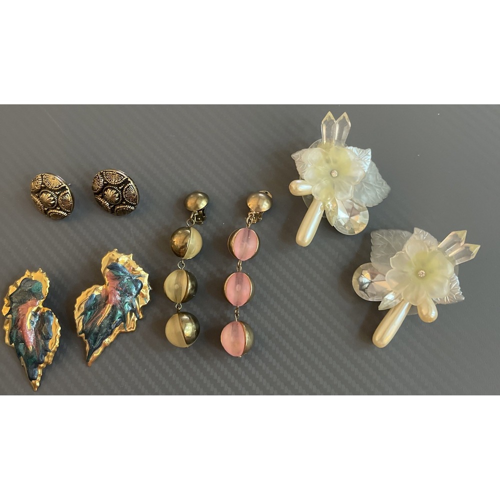 Vintage Lot of 4 Pierced Earrings Studs Clip Dangle Some Metal Mixed